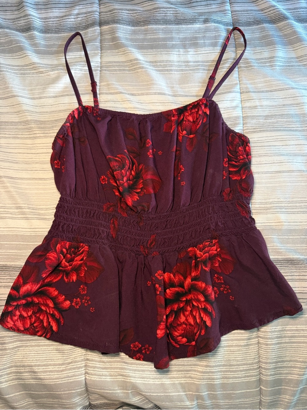 Old Navy Burgundy Floral Smocked Cami Top with Red Roses